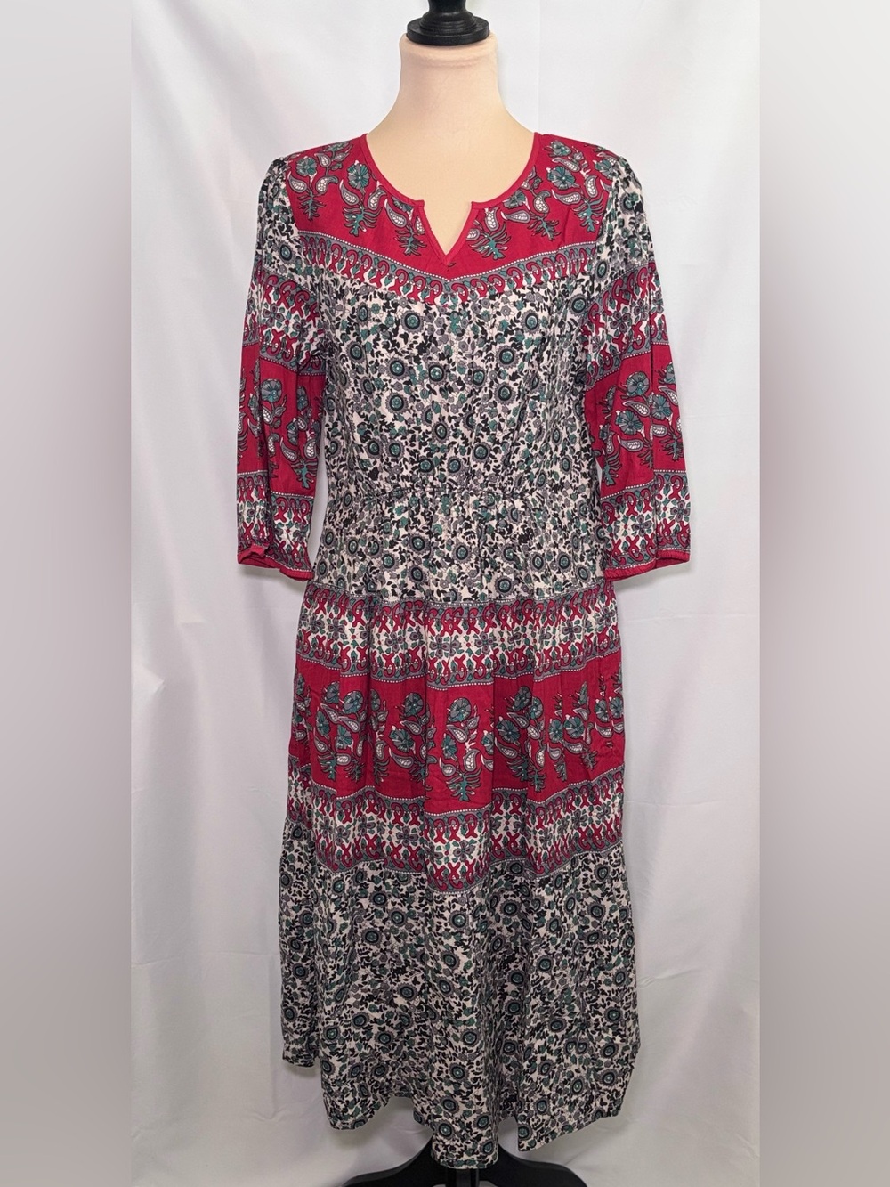 La Cera Bohemian Floral Paisley 3/4 Sleeve Midi Pleated Cotton Dress